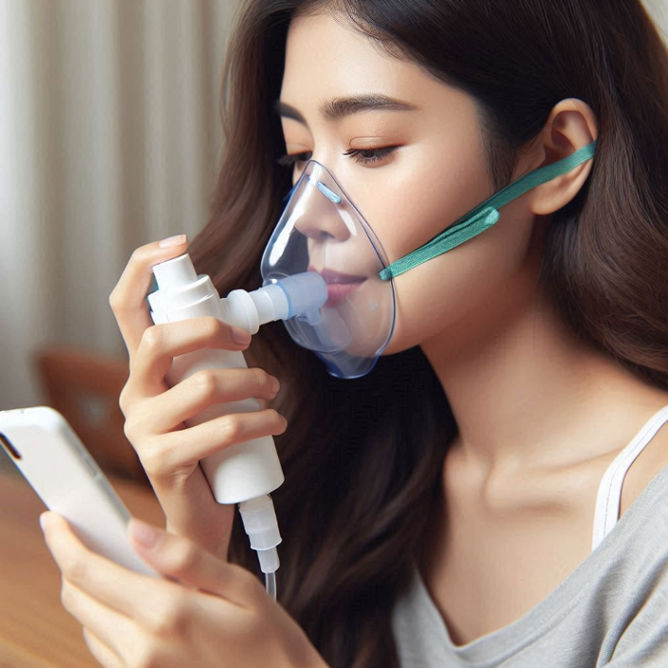 A person uses a portable albuterol nebulizer, inhaling medication through a small, handheld device.