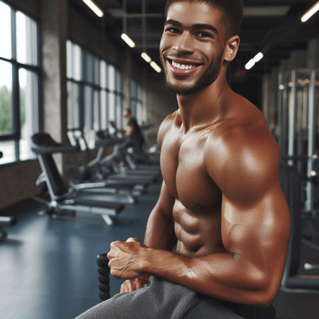 A man with a confident smile, exercising in the gym, looking energetic and well-toned.