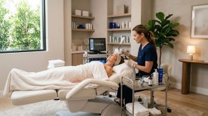 A luxurious modern med spa interior with soft ambient lighting, a serene treatment room featuring a reclining aesthetic chair and advanced skincare equipment